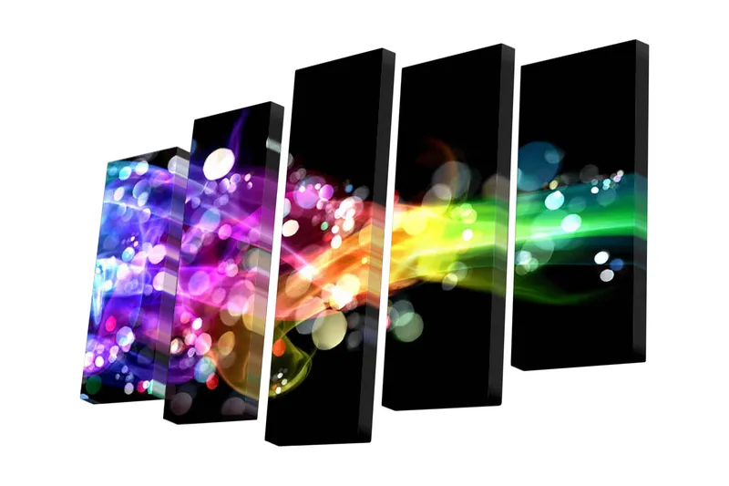 5-osainen canvas-taulu 82x50 cm - Värikäs abstrakti sommitelma kirkkailla, virtaavilla viivoilla, Violetti / Vihreä / Keltainen