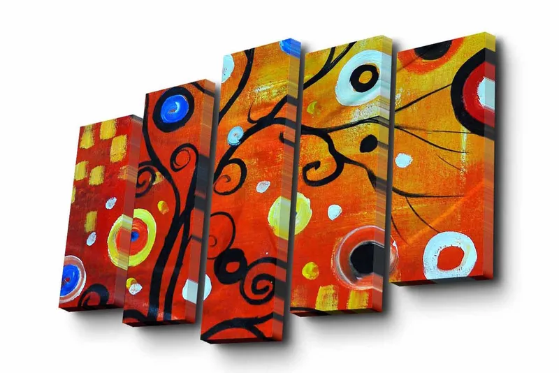 5-osainen canvas-taulu 82x50 cm - Värikäs abstrakti sommitelma mustilla spiraaleilla ja ympyröillä, Punainen / Musta / Valkoinen