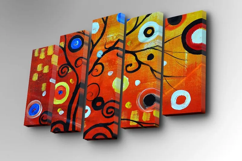 5-osainen canvas-taulu 82x50 cm - Värikäs abstrakti sommitelma mustilla spiraaleilla ja ympyröillä - Punainen / Musta / Valkoinen - Sisustustuotteet - Taulu & taide - Canvas-taulu