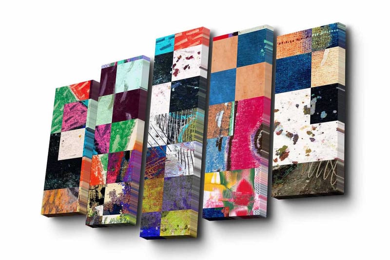 5-osainen canvas-taulu 82x50 cm - Värikäs geometristen neliöiden mosaiikki, Vihreä / Sininen / Punainen