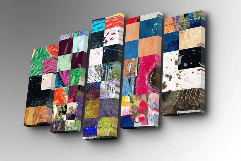 5-osainen canvas-taulu 82x50 cm - Värikäs geometristen neliöiden mosaiikki - Vihreä / Sininen / Punainen - Sisustustuotteet - Taulu & taide - Canvas-taulu