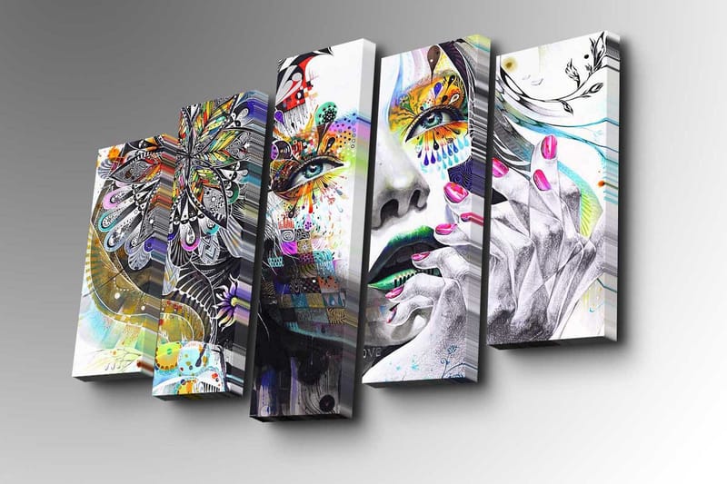 5-osainen canvas-taulu 82x50 cm - Värikäs kasvokuva yksityiskohtaisilla kuvioilla ja kukilla - Vihreä / Vaaleanpunainen / Musta - Sisustustuotteet - Taulu & taide - Canvas-taulu