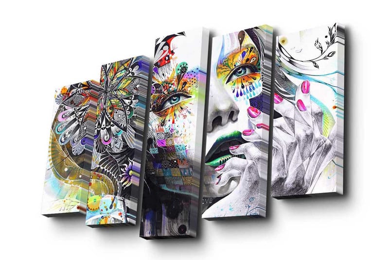 5-osainen canvas-taulu 82x50 cm - Värikäs kasvokuva yksityiskohtaisilla kuvioilla ja kukilla - Vihreä / Vaaleanpunainen / Musta - Sisustustuotteet - Taulu & taide - Canvas-taulu