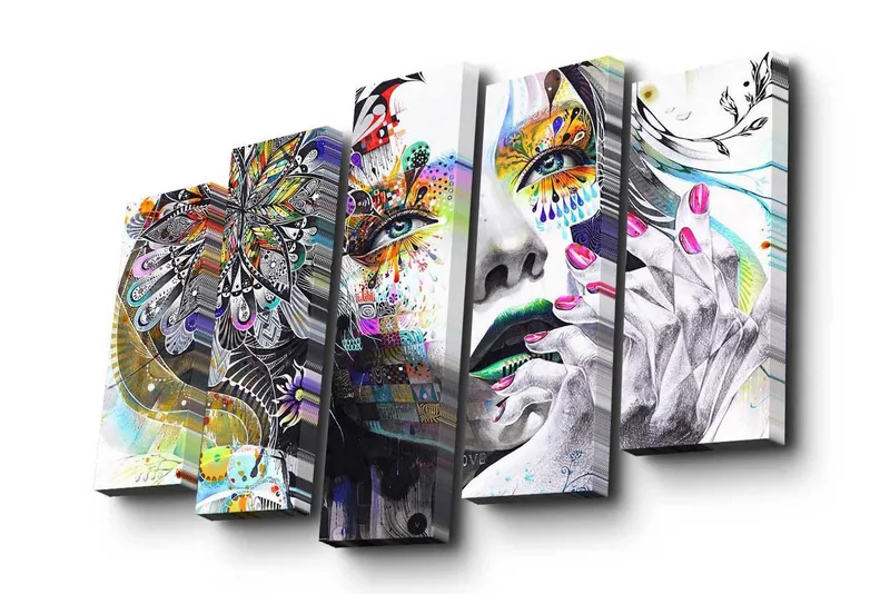 5-osainen canvas-taulu 82x50 cm - Värikäs kasvokuva yksityiskohtaisilla kuvioilla ja kukilla - Vihreä / Vaaleanpunainen / Musta - Sisustustuotteet - Taulu & taide - Canvas-taulu