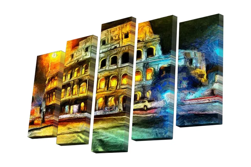 5-osainen canvas-taulu 82x50 cm - Värikäs kaupunkikuva historiallisine rakennuksineen ja vilkkaana tunnelmana, Kulta / Sininen / Oranssi