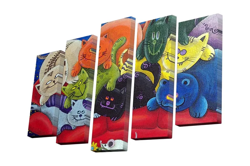 5-osainen canvas-taulu 82x50 cm - Värikäs kokoelma leikkisiä kissoja punaisella sohvalla, Punainen / Vihreä / Keltainen