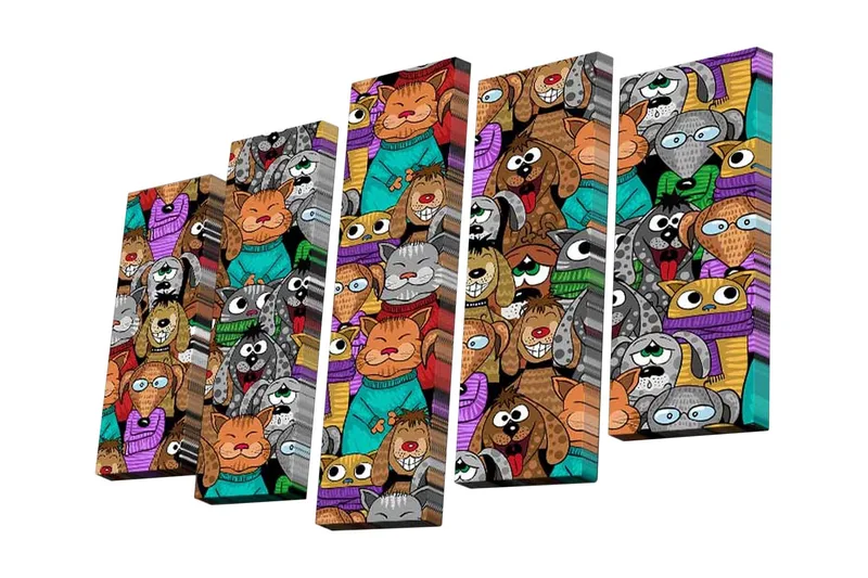 5-osainen canvas-taulu 82x50 cm - Värikäs kokoelma sarjakuvakissoja ja -koiria erilaisissa vaatteissa, Vihreä / Oranssi / Violetti