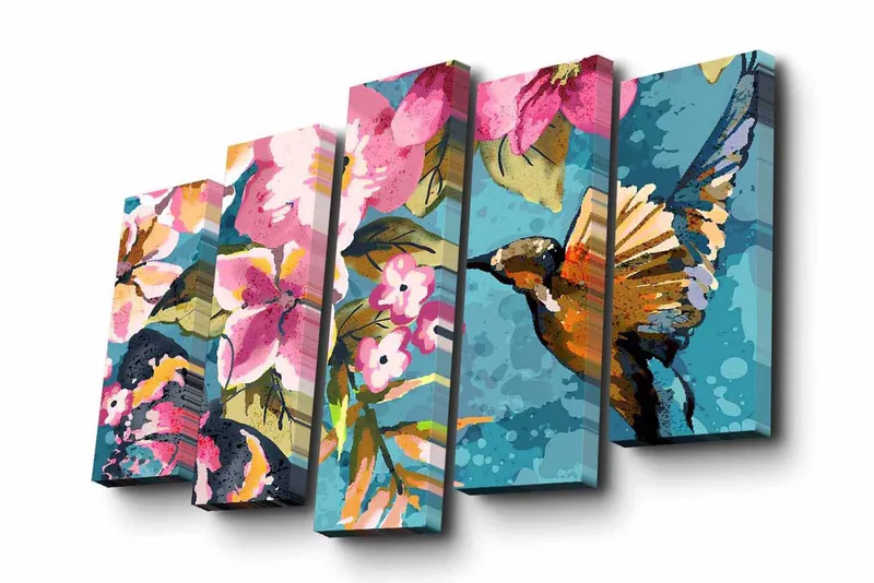 5-osainen canvas-taulu 82x50 cm - Värikäs kolibri kukkien ympäröimänä, Turkoosi / Vaaleanpunainen / Vihreä