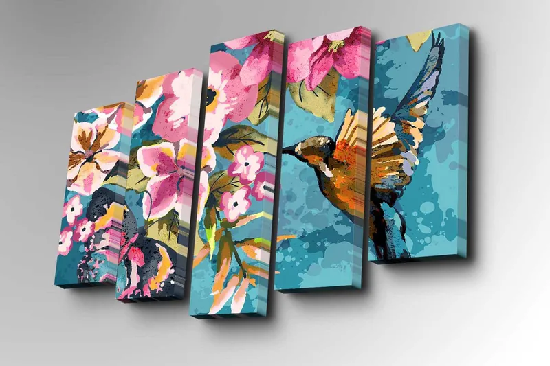 5-osainen canvas-taulu 82x50 cm - Värikäs kolibri kukkien ympäröimänä - Turkoosi / Vaaleanpunainen / Vihreä - Sisustustuotteet - Taulu & taide - Canvas-taulu