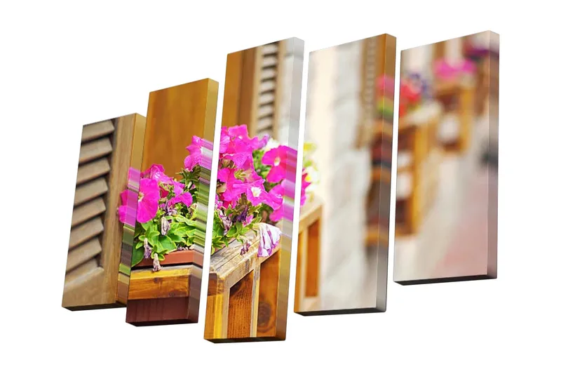 5-osainen canvas-taulu 82x50 cm - Värikäs kukka-asetelma ikkunankehyksissä, Vaaleanpunainen / Vihreä / Ruskea