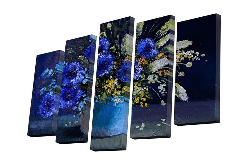 5-osainen canvas-taulu 82x50 cm - Värikäs kukkakimppu sinisessä maljakossa - Sininen / Vihreä / Keltainen - Sisustustuotteet - Taulu & taide - Canvas-taulu