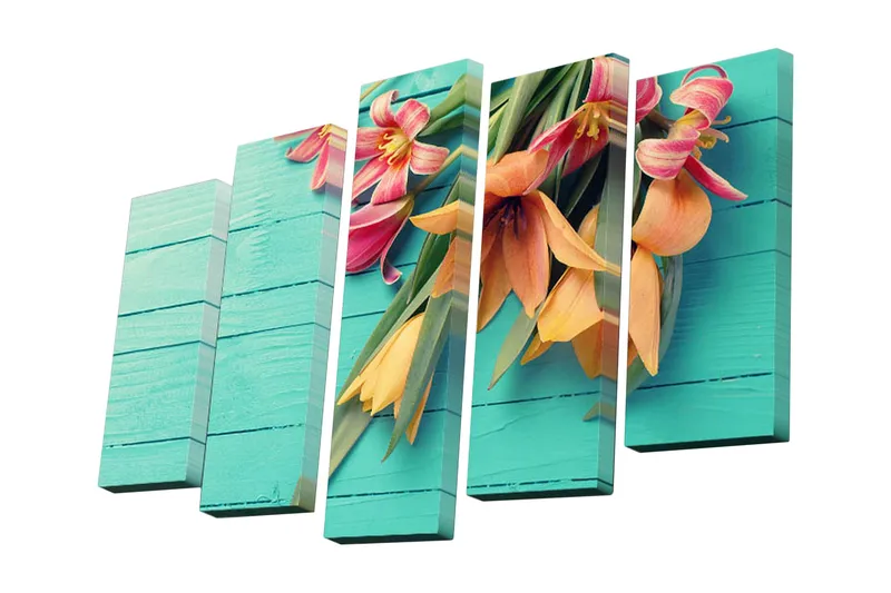 5-osainen canvas-taulu 82x50 cm - Värikäs kukkakimppu turkoosilla pohjalla, Turkoosi / Oranssi / Vaaleanpunainen
