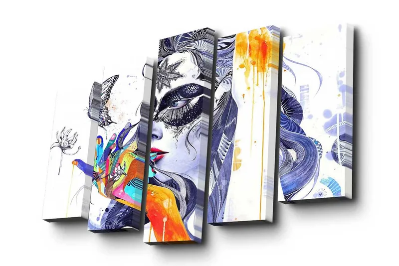 5-osainen canvas-taulu 82x50 cm - Värikäs nainen naamion ja taiteellisen käden eleen kanssa - Sininen / Oranssi / Violetti - Sisustustuotteet - Taulu & taide - Canvas-taulu