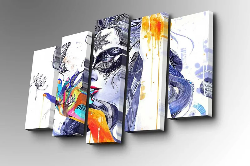 5-osainen canvas-taulu 82x50 cm - Värikäs nainen naamion ja taiteellisen käden eleen kanssa - Sininen / Oranssi / Violetti - Sisustustuotteet - Taulu & taide - Canvas-taulu