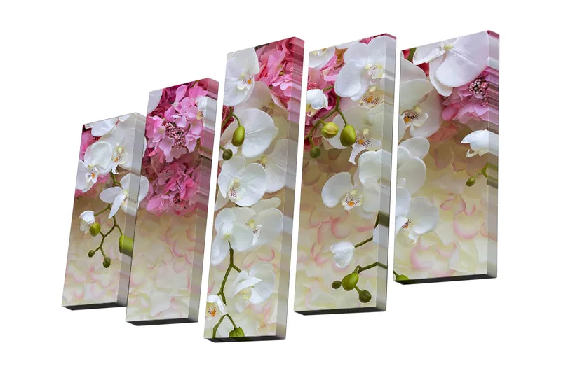 5-osainen canvas-taulu 82x50 cm - Värikäs orkidea- ja kukkakimppu, Valkoinen / Vaaleanpunainen / Vihreä