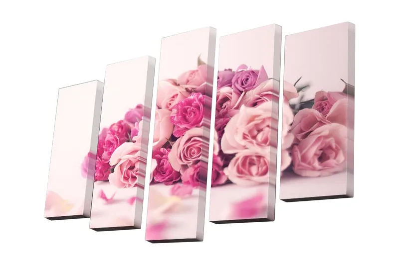5-osainen canvas-taulu 82x50 cm - Värikäs ruusukimppu eri vaaleanpunaisen sävyissä, Vaaleanpunainen / Tummanpunainen / Violetti