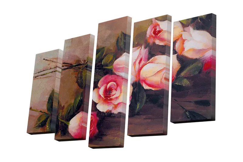 5-osainen canvas-taulu 82x50 cm - Värikäs ruusukimppu, Vaaleanpunainen / Vihreä / Beige