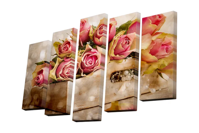 5-osainen canvas-taulu 82x50 cm - Värikäs ruusukimppu puulaatikossa, Vaaleanpunainen / Vihreä / Beige