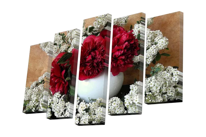 5-osainen canvas-taulu 82x50 cm - Värikäs punaisten kukkien kimppu valkoisessa maljakossa, valkoisten kukkien ympäröimänä, Punainen / Valkoinen