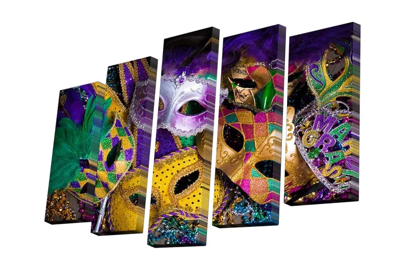 5-osainen canvas-taulu 82x50 cm - Värikkäät naamiot juhlallisilla yksityiskohdilla, Violetti / Kulta / Vihreä