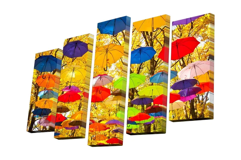 5-osainen canvas-taulu 82x50 cm - Värikkäät sateenvarjot leijuvat syksyisen taustan yllä, Keltainen / Sininen / Punainen