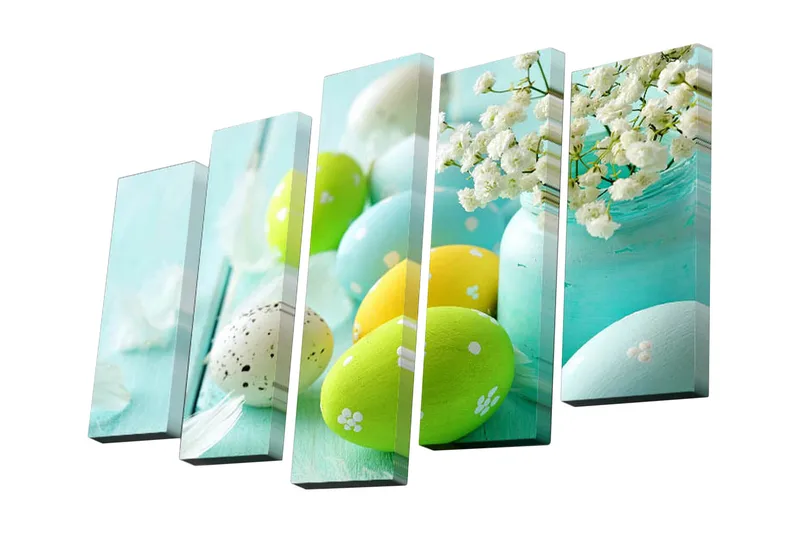5-osainen canvas-taulu 82x50 cm - Värikkäät pääsiäismunat kirkkaassa ja raikkaassa sommitelmassa, Vihreä / Sininen / Keltainen