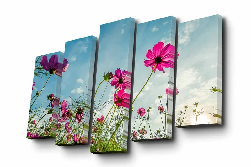 5-osainen canvas-taulu 82x50 cm - Värikkäitä kukkia aurinkoisessa niittymaisemassa, Vaaleanpunainen / Vihreä / Sininen