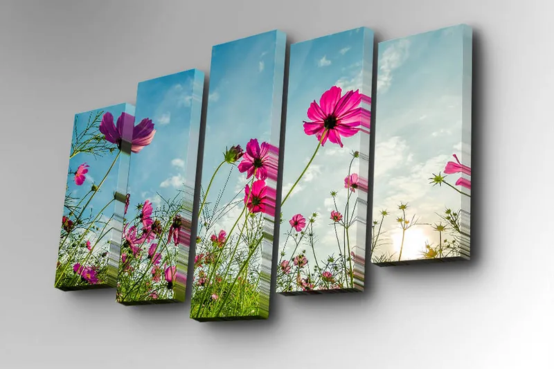 5-osainen canvas-taulu 82x50 cm - Värikkäitä kukkia aurinkoisessa niittymaisemassa - Vaaleanpunainen / Vihreä / Sininen - Sisustustuotteet - Taulu & taide - Canvas-taulu