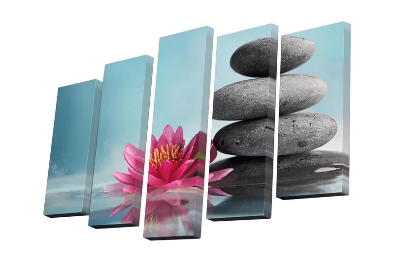 5-osainen canvas-taulu 82x50 cm - Vaaleanpunainen lootuskukka pinotulla mustalla kivellä, Vaaleanpunainen / Musta / Vaaleansininen
