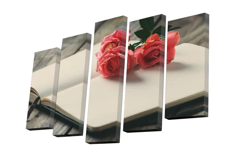 5-osainen canvas-taulu 82x50 cm - Vaaleanpunaisia kukkia avoimella kirjalla, Vaaleanpunainen / Beige / Vihreä