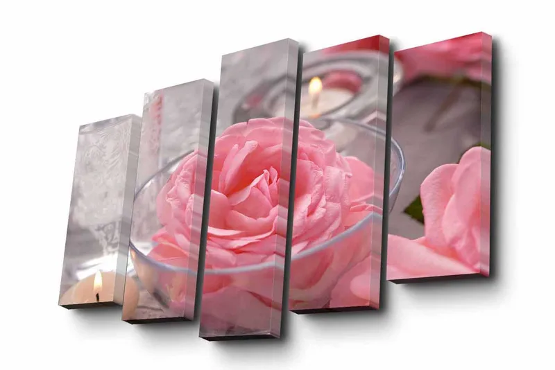 5-osainen canvas-taulu 82x50 cm - Vaaleanpunaisia ruusuja kulhossa kynttilöiden kanssa, Vaaleanpunainen / Läpinäkyvä / Harmaa