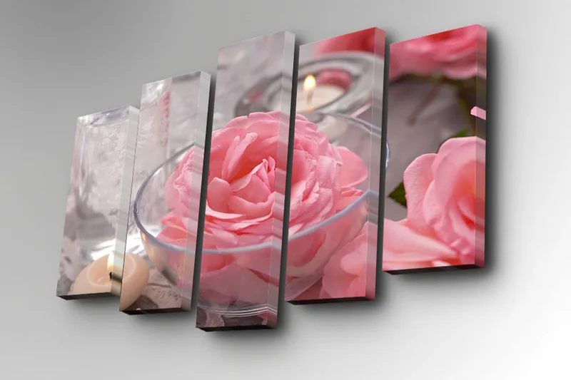 5-osainen canvas-taulu 82x50 cm - Vaaleanpunaisia ruusuja kulhossa kynttilöiden kanssa - Vaaleanpunainen / Läpinäkyvä / Harmaa - Sisustustuotteet - Taulu & taide - Canvas-taulu