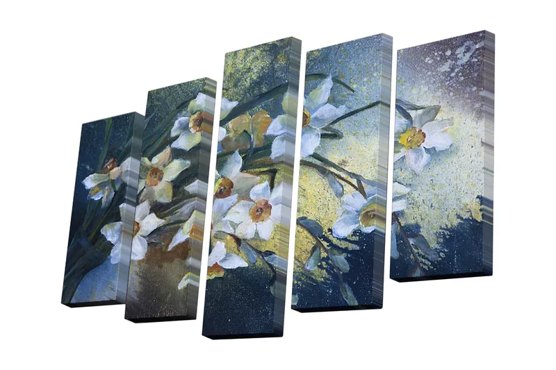 5-osainen canvas-taulu 82x50 cm - Valkoiset kulaukset harmonisessa sommitelmassa, Valkoinen / Vihreä / Sininen