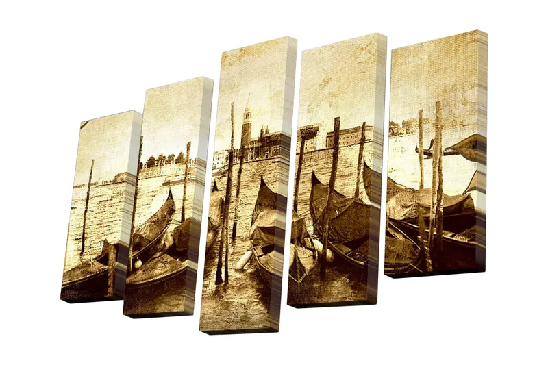 5-osainen canvas-taulu 82x50 cm - Veneitä tyynellä veden pinnalla nostalgisessa ympäristössä, Ruskea / Beige / Musta
