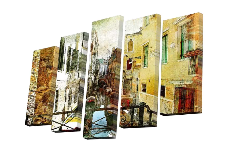 5-osainen canvas-taulu 82x50 cm - Venetsian kanava värikkäine rakennuksineen ja veneineen, Keltainen / Ruskea / Vihreä