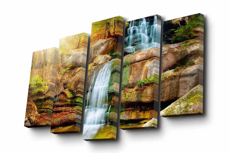 5-osainen canvas-taulu 82x50 cm - Vesiputous, joka virtaa alas kallioita syksyn värisen kasvillisuuden ympäröimänä, Vihreä / Oranssi / Ruskea