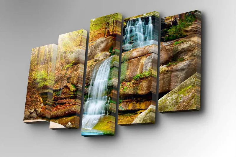 5-osainen canvas-taulu 82x50 cm - Vesiputous, joka virtaa alas kallioita syksyn värisen kasvillisuuden ympäröimänä - Vihreä / Oranssi / Ruskea - Sisustustuotteet - Taulu & taide - Canvas-taulu