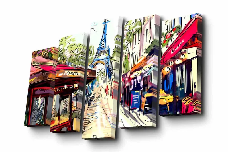 5-osainen canvas-taulu 82x50 cm - Vilkas kaupunkikuva Eiffel-tornin taustalla, Punainen / Vihreä / Sininen