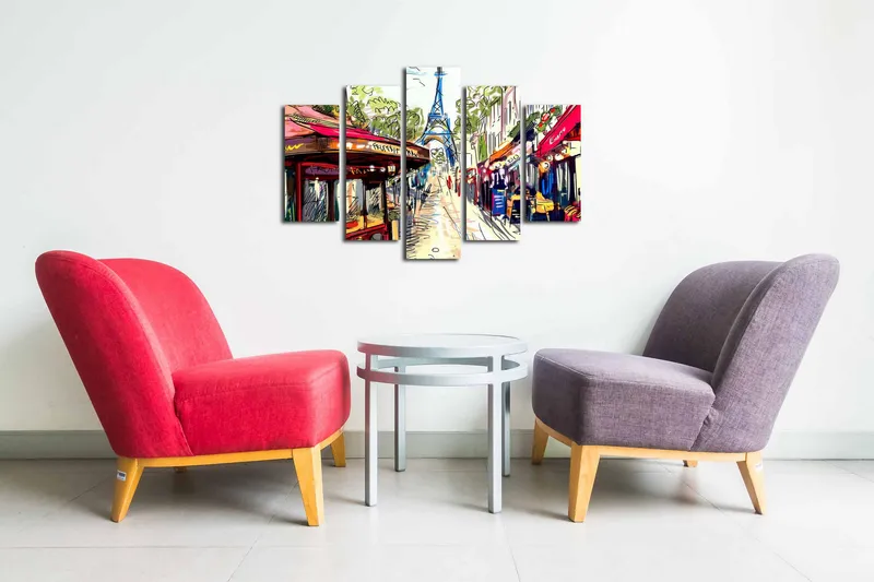 5-osainen canvas-taulu 82x50 cm - Vilkas kaupunkikuva Eiffel-tornin taustalla - Punainen / Vihreä / Sininen - Sisustustuotteet - Taulu & taide - Canvas-taulu