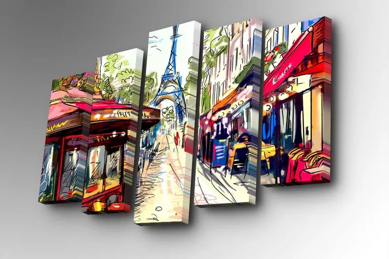 5-osainen canvas-taulu 82x50 cm - Vilkas kaupunkikuva Eiffel-tornin taustalla - Punainen / Vihreä / Sininen - Sisustustuotteet - Taulu & taide - Canvas-taulu
