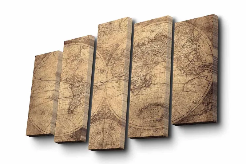 5-osainen canvas-taulu 82x50 cm - Vintage-maailmankartta yksityiskohtaisilla ääriviivoilla ja koordinaateilla, Beige / Ruskea