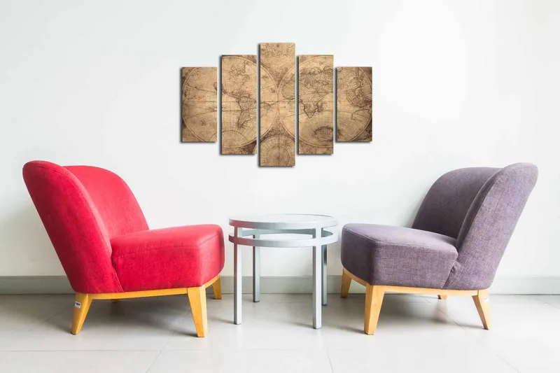 5-osainen canvas-taulu 82x50 cm - Vintage-maailmankartta yksityiskohtaisilla ääriviivoilla ja koordinaateilla - Beige / Ruskea - Sisustustuotteet - Taulu & taide - Canvas-taulu