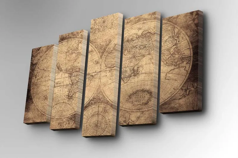 5-osainen canvas-taulu 82x50 cm - Vintage-maailmankartta yksityiskohtaisilla ääriviivoilla ja koordinaateilla - Beige / Ruskea - Sisustustuotteet - Taulu & taide - Canvas-taulu