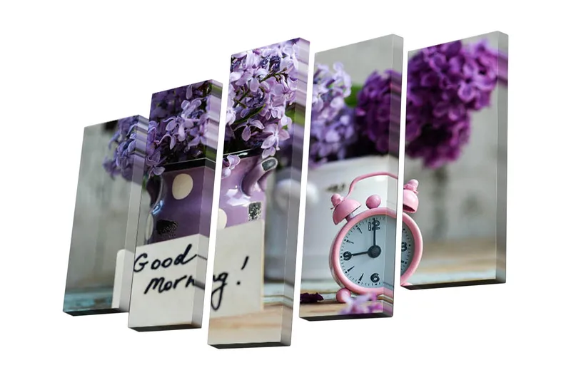 5-osainen canvas-taulu 82x50 cm - Violetit kukat koristeellisessa maljakossa ja vaaleanpunainen herätyskello, Violetti / Vaaleanpunainen / Valkoinen