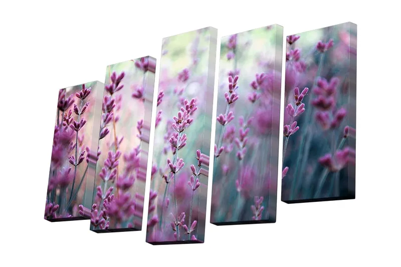 5-osainen canvas-taulu 82x50 cm - Violetit laventelin kukat harmonisessa sommitelmassa, Violetti / Vihreä / Sininen