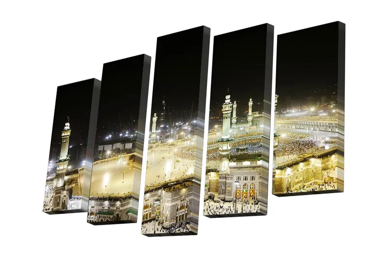 5-osainen canvas-taulu 82x50 cm - Yönäkymä Mekan pyhästä paikasta pyhiinvaeltajien kanssa, Kulta / Musta / Valkoinen