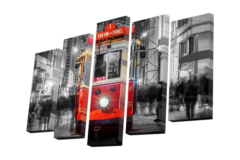 5-osainen canvas-taulu 82x50 cm - Punainen raitiovaunu vilkkaassa kaupunkiympäristössä - Punainen / Musta / Harmaa - Sisustustuotteet - Taulu & taide - Canvas-taulu