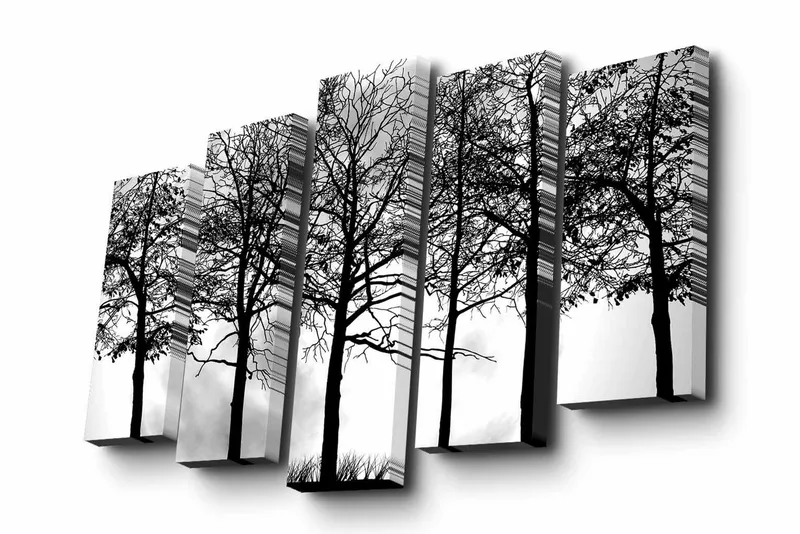 5-osainen canvas-taulu 82x50 cm - Puiden siluetit vaalealla taustalla, Musta / Valkoinen