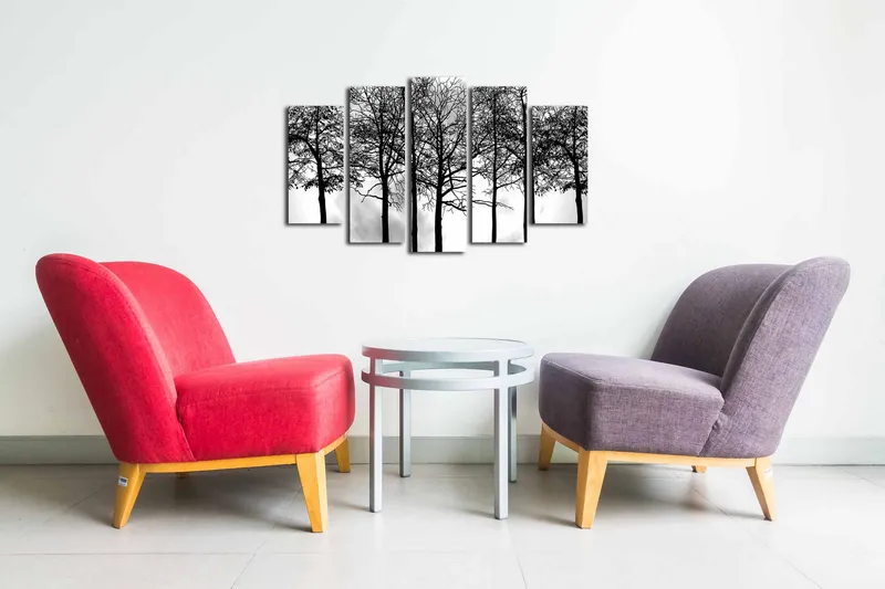 5-osainen canvas-taulu 82x50 cm - Puiden siluetit vaalealla taustalla - Musta / Valkoinen - Sisustustuotteet - Taulu & taide - Canvas-taulu