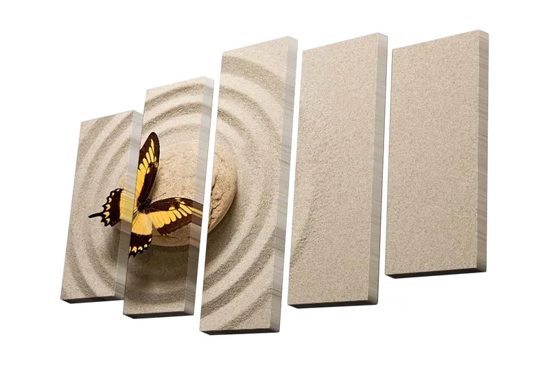 5-osainen canvas-taulu 82x50 cm - Perhonen hiekalla, taustalla ympyröitä, Keltainen / Beige / Ruskea